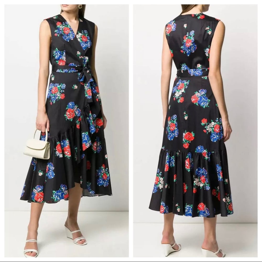 Tory Burch printed wrap dress maxi high-low ruffled side bow tea rose black, M